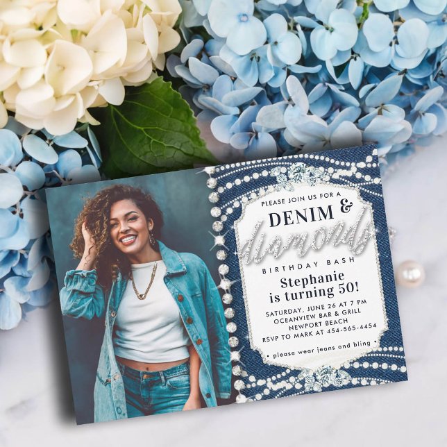 Denim Diamonds Bling Pearls Photo 50th Birthday Invitation (denim diamonds pearls 50th birthday invitation elegant classy bling glitz glam photo white blue)