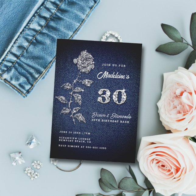 Denim Diamonds Bling Rose 30th Birthday Party Invitation (elegant denim and diamonds 30th birthday party invitation for women bling rose classy romantic boho)
