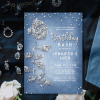 Denim Diamonds Bling Rose White Blue 30th Birthday