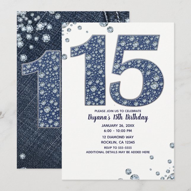 Denim & Diamonds Bling Sparkle 15TH 15 Birthday Invitation (Front/Back)