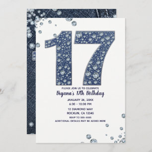 Denim & Diamonds Bling Sparkle 17TH 17 Birthday Invitation