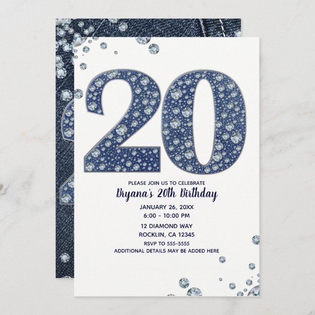 Denim & Diamonds Bling Sparkle 20TH 20 Birthday Invitation (Front/Back)