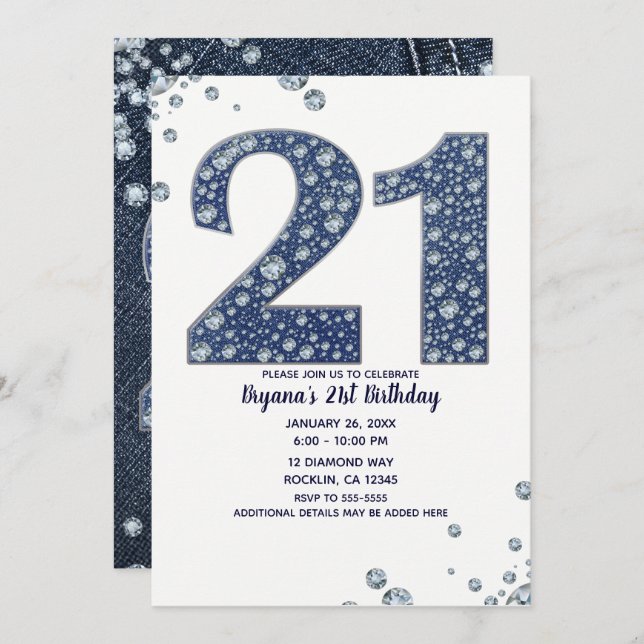 Denim & Diamonds Bling Sparkle 21st 21 Birthday Invitation (Front/Back)