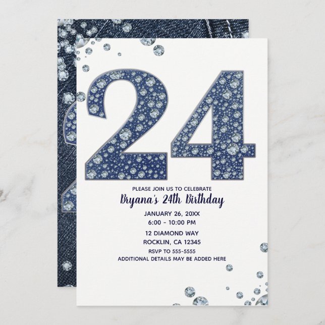 Denim & Diamonds Bling Sparkle 24 24th Birthday Invitation (Front/Back)