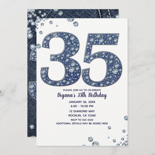Denim & Diamonds Bling Sparkle 35TH 35 Birthday Invitation (Front/Back)