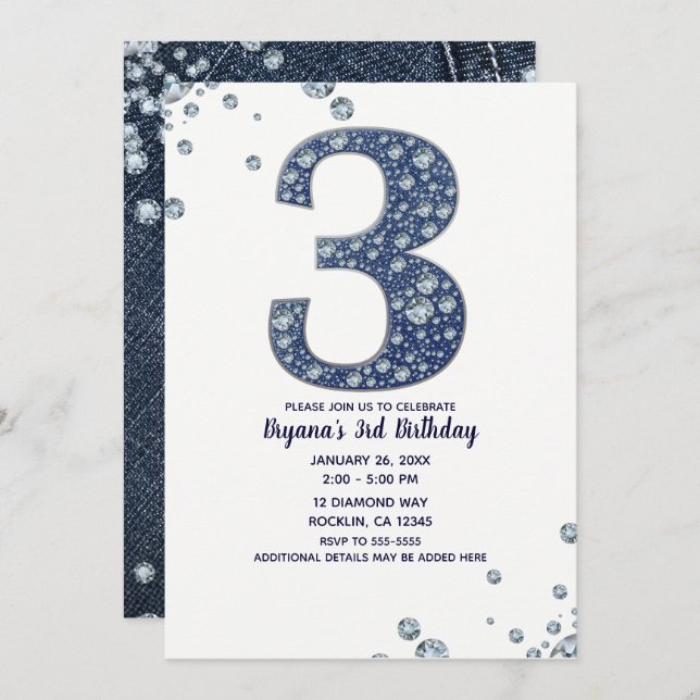 Denim & Diamonds Bling Sparkle 3rd 3 Birthday Invitation (Front/Back)