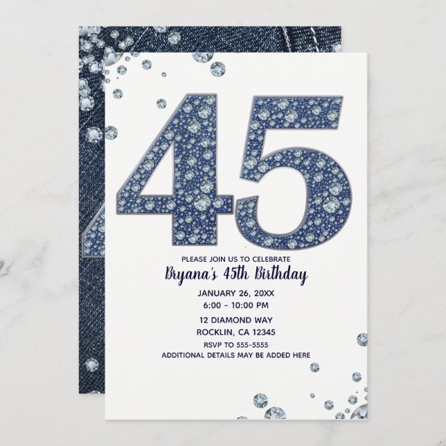 Denim & Diamonds Bling Sparkle 45TH 45 Birthday Invitation (Front/Back)