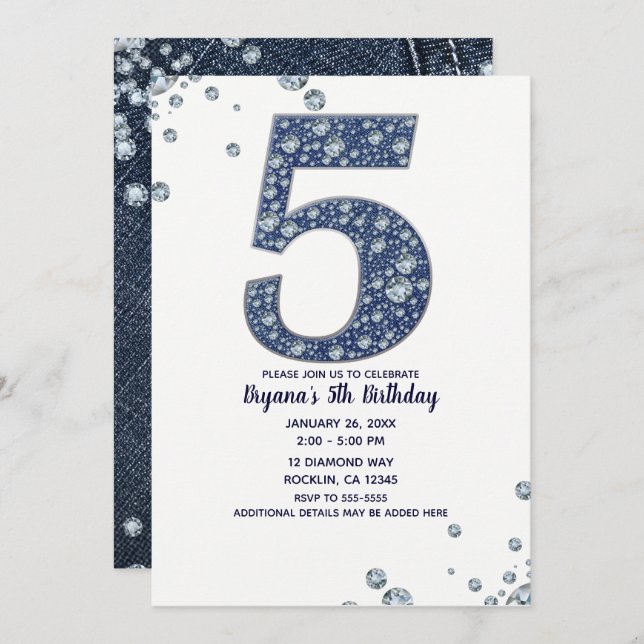 Denim & Diamonds Bling Sparkle 5th 5 Birthday Invitation (Front/Back)