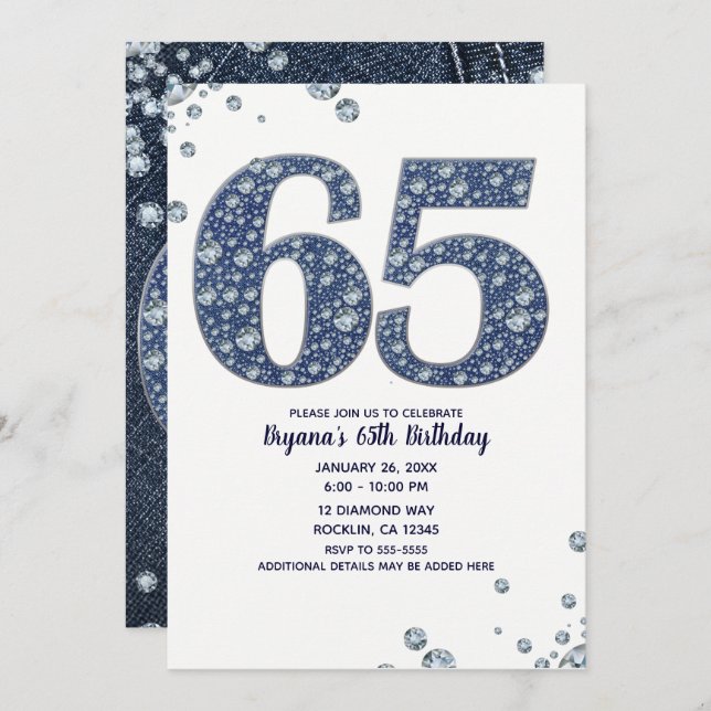 Denim & Diamonds Bling Sparkle 65TH 65 Birthday Invitation (Front/Back)