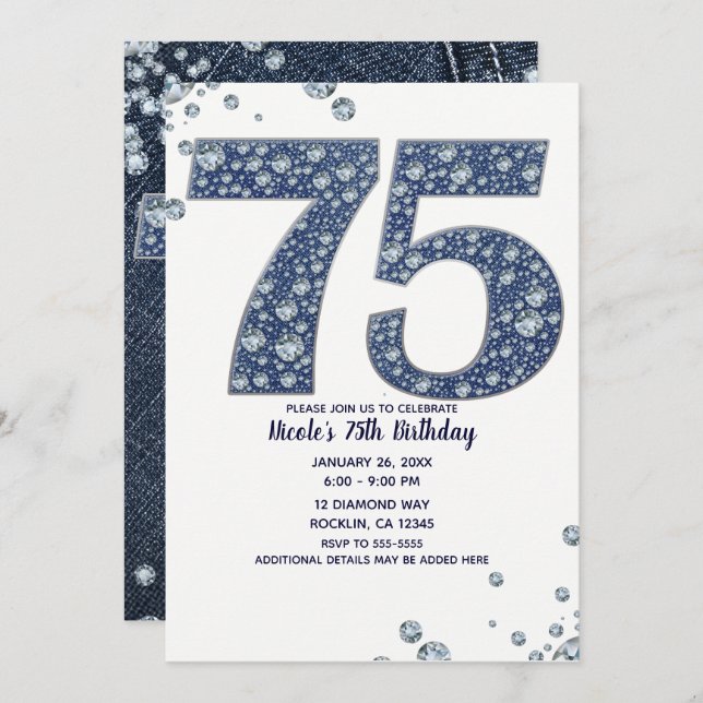 Denim & Diamonds Bling Sparkle 75TH 75 Birthday Invitation (Front/Back)