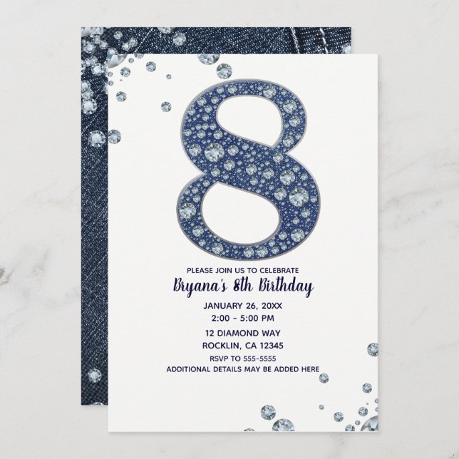 Denim & Diamonds Bling Sparkle 8th 8 Birthday Invitation (Front/Back)