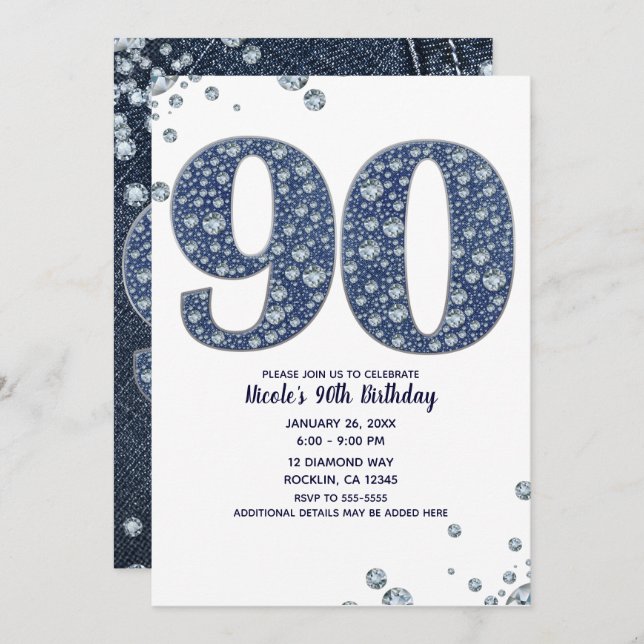 Denim & Diamonds Bling Sparkle 90TH 90 Birthday Invitation (Front/Back)