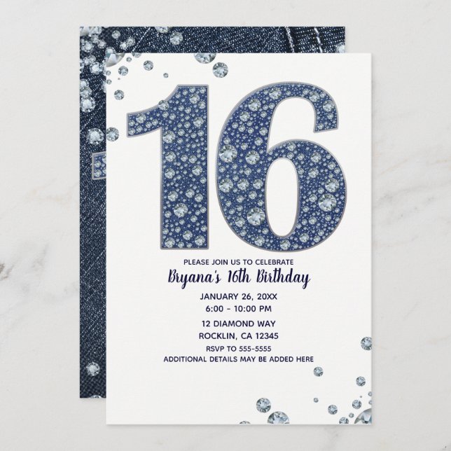 Denim & Diamonds Bling Sparkle Sweet 16 Birthday Invitation (Front/Back)