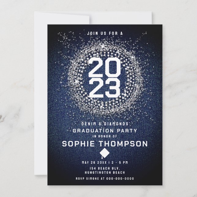 Denim Diamonds Bling Starburst Graduation Party Invitation (Front)
