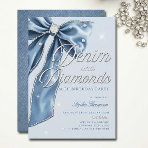 Denim Diamonds Blue Bow Script 30th Birthday Party Invitation