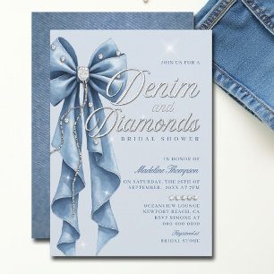 Denim Diamonds Blue Bow Script Glam Bridal Shower Invitation