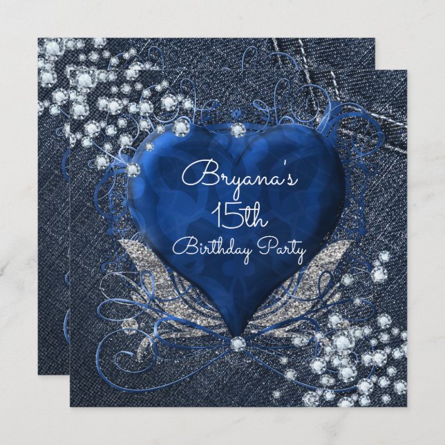 Denim & Diamonds Blue Heart Party Invitations (Front/Back)