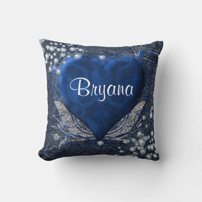 Denim & Diamonds Blue Heart Personalised Glam Cushion (Front)