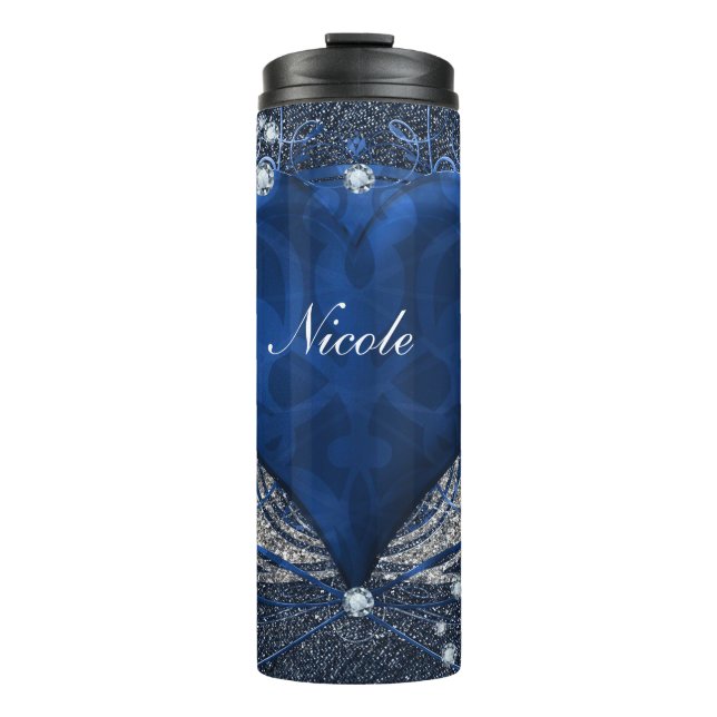 Denim & Diamonds Blue Ornamental Glam Heart Thermal Tumbler (Front)