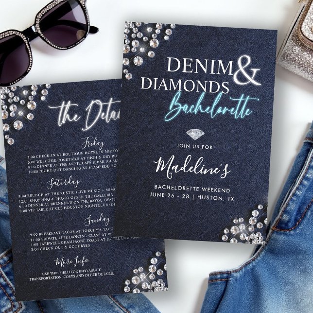 Denim Diamonds Blue White Bachelorette Itinerary Invitation (denim diamonds bachelorette party itinerary invitation glowing calligraphy modern classy stylish)