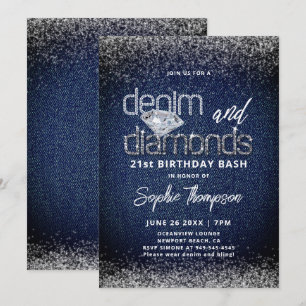 Denim Diamonds Blue White Elegant 21st Birthday Invitation