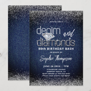 Denim Diamonds Blue White Elegant 80th Birthday Invitation