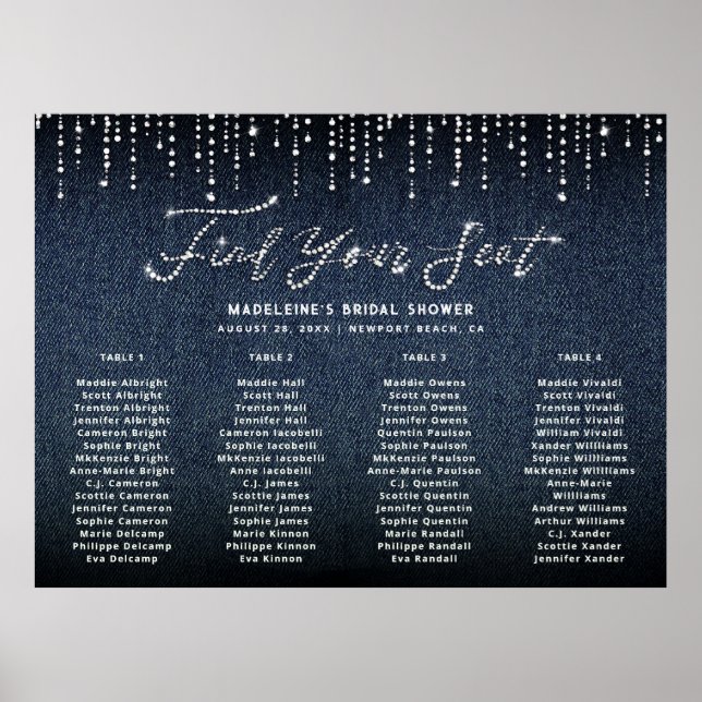 Denim Diamonds Bridal Shower Chic Seating Chart (Front)