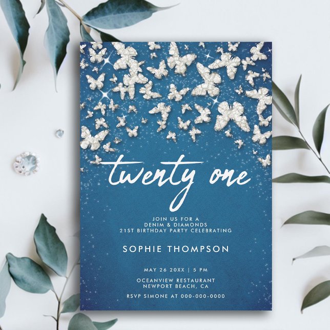 Denim Diamonds Butterflies Glitter Blue 21st Bday Invitation (denim diamonds 21st birthday butterflies bling white blue elegant modern feminine glitter bling chic)