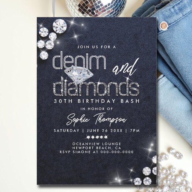 Denim Diamonds Classy Bling 30th Birthday Party Invitation (denim and diamonds theme invitations 30th 50th sweet 16 elegant classy bling template)