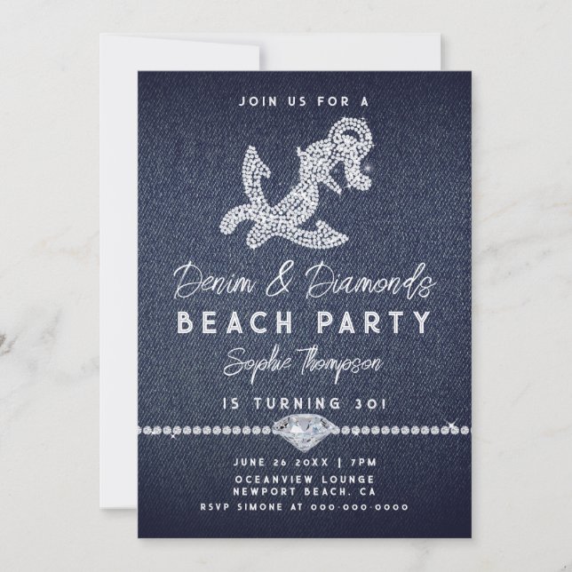 Denim Diamonds Coastal Anchor Beach Birthday Party Invitation (Front)
