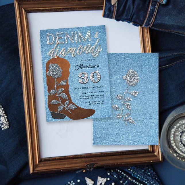Denim Diamonds Cowgirl Bling Jeans Birthday Party Invitation (Denim and Diamonds Copper Cowgirl Boot 30th Birthday Party Invitation for Women Bling Rose Elegant)