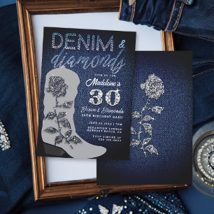 Denim Diamonds Cowgirl Boot Bling Birthday Party Invitation