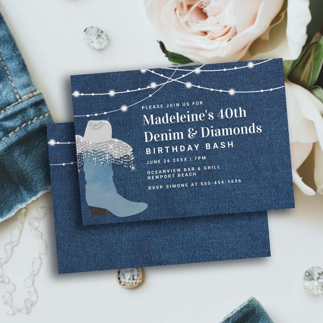 Denim Diamonds Cowgirl Boot Hat Glam 40th Birthday Invitation (denim and diamonds theme 40th birthday party invitation women elegant cowgirl hat western country )