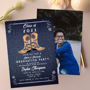 Denim Diamonds Cowgirl Boot Photo Graduation Party Invitation