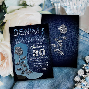 Denim Diamonds Cowgirl Boot Rose 30 Birthday Party Invitation