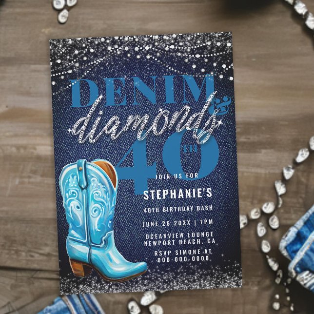 Denim Diamonds Cowgirl Boot Rustic 40th Birthday Invitation (denim diamonds 40th birthday invitation for women cowgirl boot countryside horse country classy)