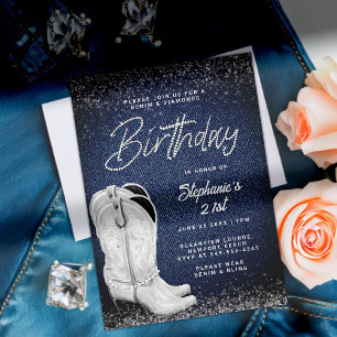 Denim Diamonds Cowgirl Boots Bling 21st Birthday Invitation