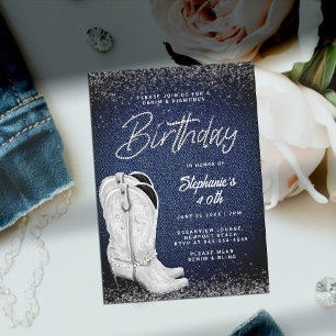 Denim Diamonds Cowgirl Boots Bling 40th Birthday Invitation