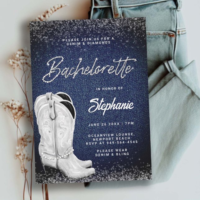 Denim Diamonds Cowgirl Boots Bling Bachelorette Invitation (denim and diamonds bachelorette party invitation country ladies night out cowgirl boots classy chic)