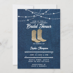 Denim Diamonds Cowgirl Boots Lights Bridal Shower Invitation