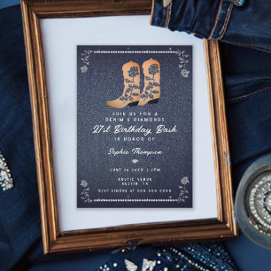Denim Diamonds Cowgirl Boots Roses 21st Birthday Invitation
