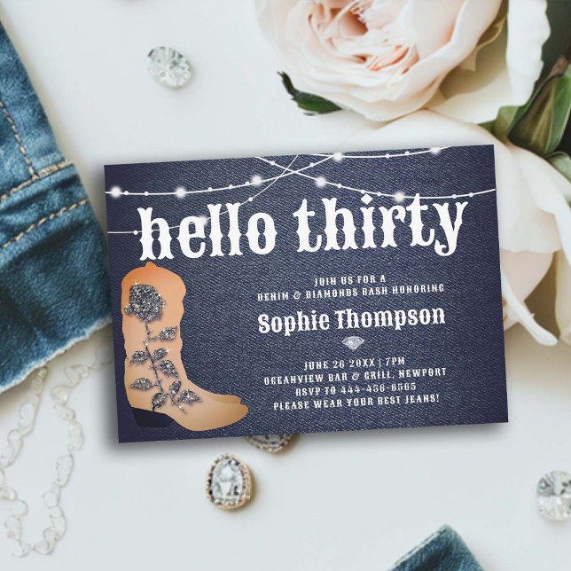 Denim Diamonds Cowgirl Boots Roses 30th Birthday Invitation (denim and diamonds 30th birthday party women cowgirl boots rose bling elegant classy rustic lights)