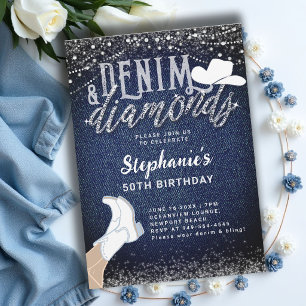 Denim Diamonds Cowgirl Boots Rustic 50th Birthday Invitation