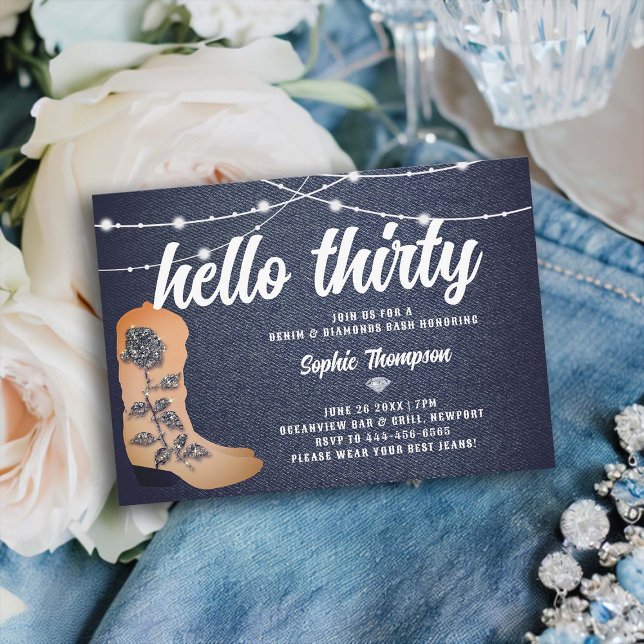 Denim Diamonds Cowgirl Boots Script 30th Birthday Invitation (denim and diamonds 30th birthday women rustic string lights cowgirl boot classy bling script)