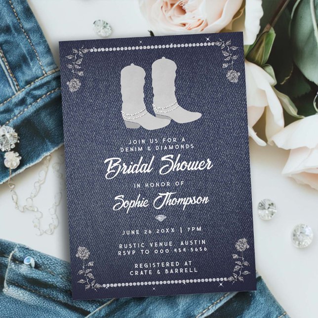 Denim Diamonds Cowgirl Boots Western Bridal Shower Invitation (denim diamonds bridal shower invitation classy rhinestone cowgirl boots roses western country chic)
