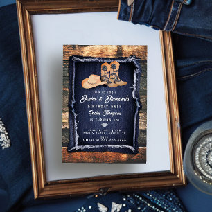 Denim Diamonds Cowgirl Chic Rustic Birthday Party Invitation