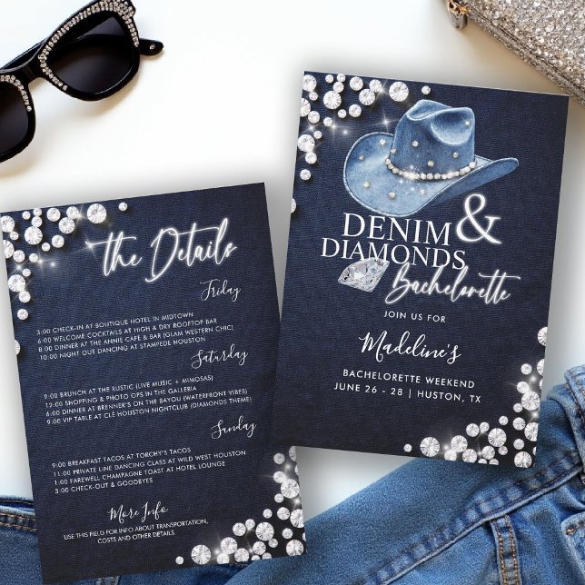 Denim Diamonds Cowgirl Hat Bachelorette Itinerary Invitation (denim diamonds bachelorette party itinerary invitation cowgirl hat calligraphy modern classy stylish)