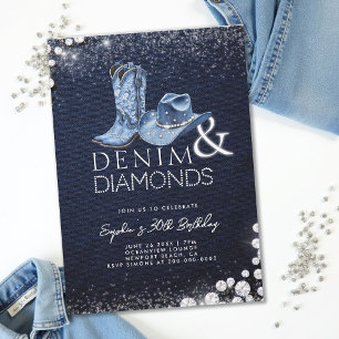 Denim Diamonds Cowgirl Hat Boots 30th Birthday Invitation