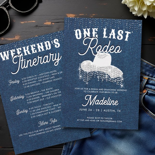 Denim Diamonds Cowgirl Hat Last Rodeo Bachelorette Invitation (denim and diamonds bachelorette party invite last rodeo cowgirl hat white blue rhinestones glam)