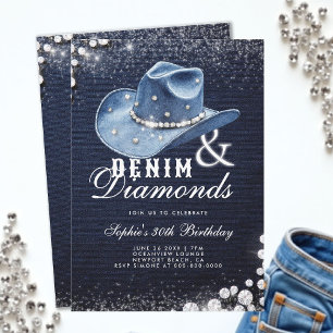Denim Diamonds Cowgirl Hat Script 30th Birthday Invitation